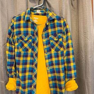 Duluth Trading Co Yellow and Teal Plaid Flannel Shirt